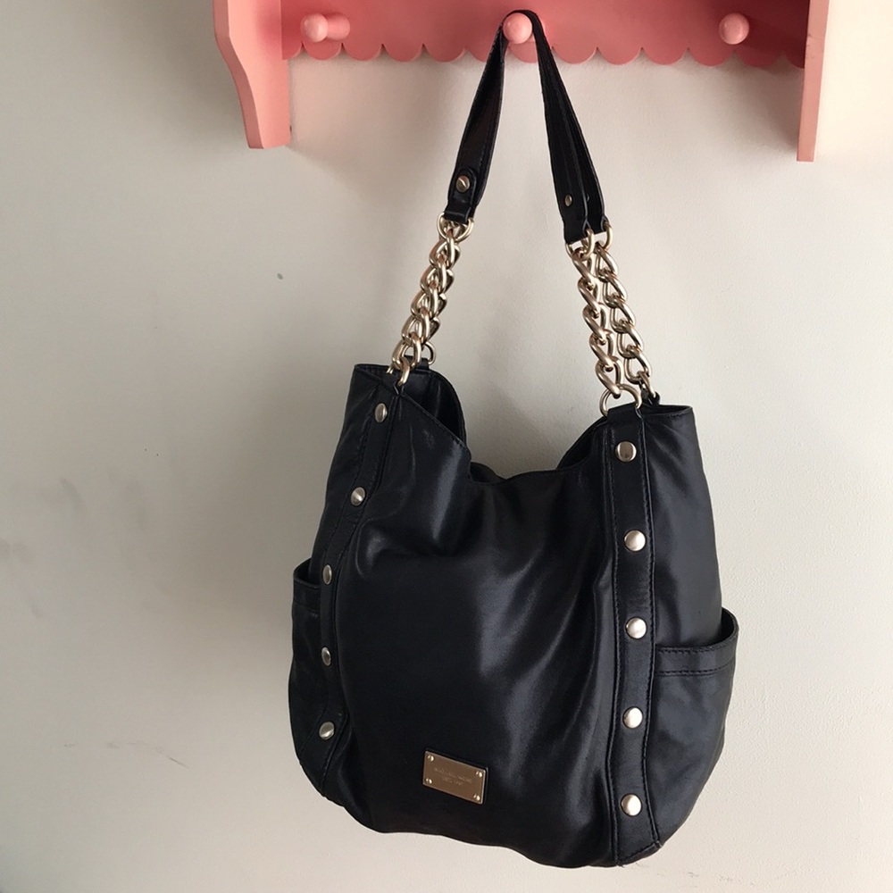 Michael Kors Large Shoulder tote Black soft leather Delancy bag Gold tone chains